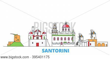 Greece, Santorini Line Cityscape, Flat Vector. Travel City Landmark, Oultine Illustration, Line Worl