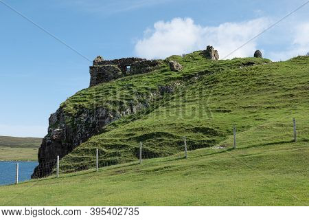 The Landscape, Rock With The Duntulm Castle At Isle Of Skye, Scotland, Uk In Nice Sunny Weather
