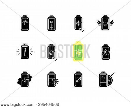 Battery Status Black Glyph Icons Set On White Space. Innovational Charging Process. Using Cables For