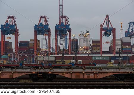 Hamburg, Germany - January 21, 2022: Container Terminal Eurogate At Burchardkai In Hamburg, Loading 