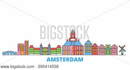 Netherlands, Amsterdam City Line Cityscape, Flat Vector. Travel City Landmark, Oultine Illustration,