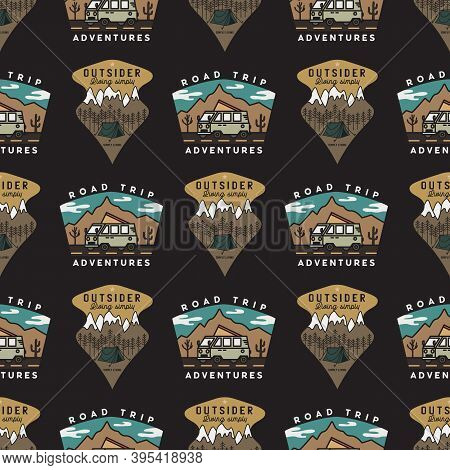 Road Trip Badges Pattern. Camping Adventure Seamless Background With Mountain, Tent And Rv Trailer. 