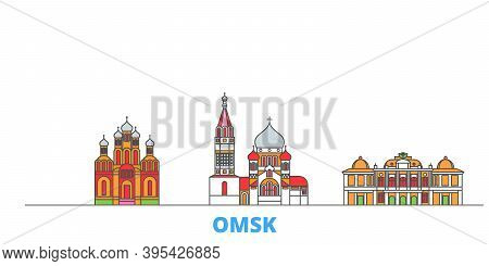 Russia, Omsk Line Cityscape, Flat Vector. Travel City Landmark, Oultine Illustration, Line World Ico