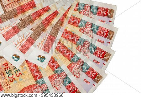 3 Cuban Pesos Convertibles Bills Lies Isolated On White Background With Copy Space Stacked In Fan Sh