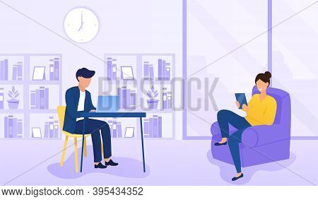 Couple Of Man And Woman Resting, Have Leisure At Home. Man Using Laptop Computer Sitting At Table. W