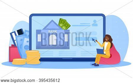 Businesswoman With Laptop Showing Interface Of Banking Application On Computer Monitor. Open Banking