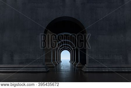 3d Rendering. Arch Hallway Simple Geometric Background, Architectural Corridor, Portal, Arch Columns