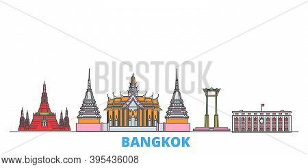 Thailand, Bangkok Line Cityscape, Flat Vector. Travel City Landmark, Oultine Illustration, Line Worl