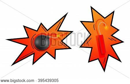 Comic Pop Art Style Black Round Bomb And Tnt With Sparkling Wick. Vector Illustration.