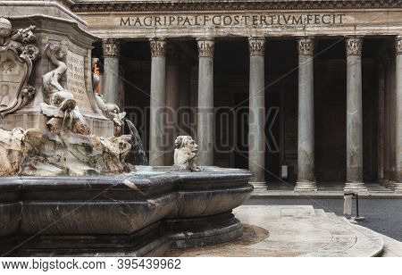 Fontana dei Pantheon fountain in front of the Pantheon, Piazza della Rotonda, Rome, Italy. Latin inscription reads: 