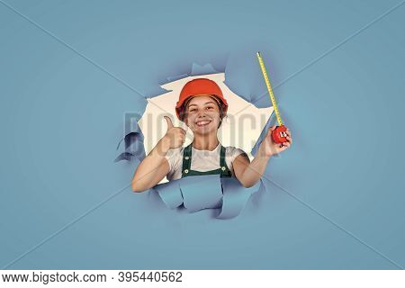 Trust To Expert. Cute Kid As A Construction Worker. Kid Repairing Home. Happy Childhood. Self-retrac