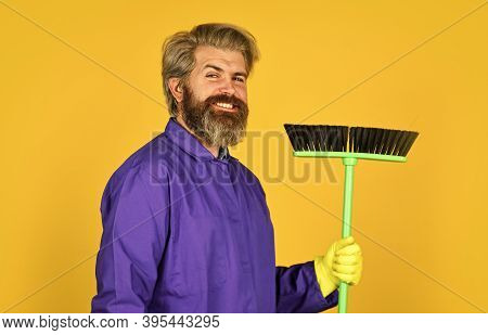 Cleaning Day. Cleaning Agency. Worker With Brush. Cleaning Equipment. Yardman Occupation. Bearded Hi