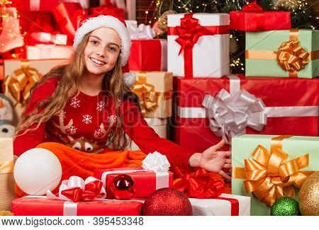 Little Girl Red Santa Hat. Santa Claus Residence. Present Delivery Service. Too Much Gifts. Big Sale