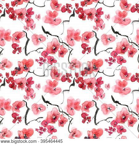 Watercolor And Ink Illustration Of Blossom Sakura Tree With Flowers And Buds. Oriental Traditional P