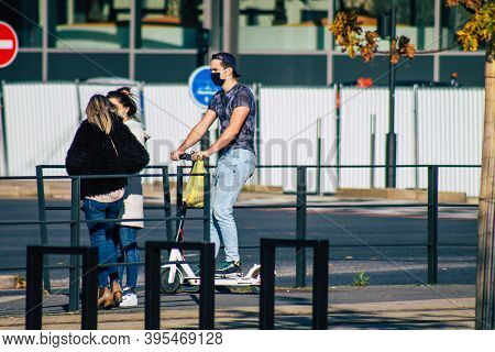 Reims France November 18, 2020 View Of Unidentified People Rolling In The Streets Of Reims During Co