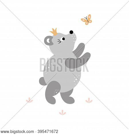 Cute Bear Cub In A Crown With A Butterfly. Childish Vector Cartoon Illustration. Pastel Tender Color