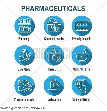 Pharmaceuticals, Medication Icon Set With Mortar And Pestle, Pharmacy, Otc