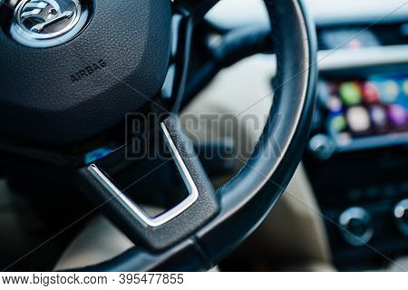 Paris, France - Nov 11, 2020: Detail Of A Steering Wheel With Airbag Sign And Carplay Screen Dashboa