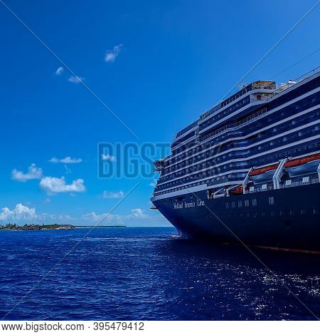 Half Moon Cay, Bahamas - October 31, 2019: The Holland America Line Zuiderdam Cruise Ship Anchored O