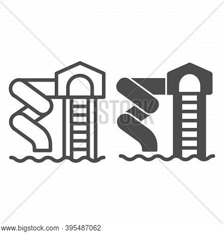 Water Park Spiral Pipe With Ladder Line And Solid Icon, Aquapark Concept, Water Slide Sign On White 