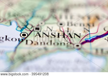 Shallow Depth Of Field Focus On Geographical Map Location Of Anshan China Asia Continent On Atlas