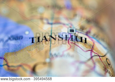 Shallow Depth Of Field Focus On Geographical Map Location Of Tianshui City China Asia Continent On A