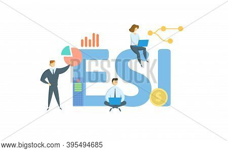 Esi, Electronically Stored Information. Concept With Keywords, People And Icons. Flat Vector Illustr