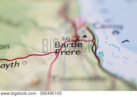 Shallow Depth Of Field Focus On Geographical Map Location Of Mount Bartle Frere In Australia Ocenia 