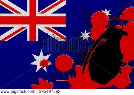 Australia Flag And Mk2 Frag Grenade In Red Blood. Concept For Terror Attack Or Military Operations W