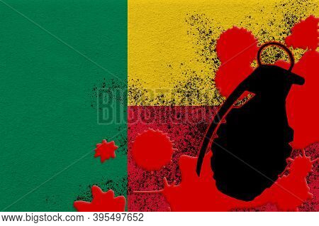 Benin Flag And Mk2 Frag Grenade In Red Blood. Concept For Terror Attack Or Military Operations With 