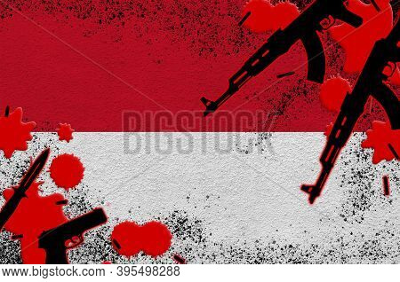 Indonesia Flag And Guns In Red Blood. Concept For Terror Attack And Military Operations