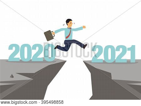 Businessman Jumps To Next Cliff. New Hope For Business Recovery With High Risk. Changing Year From 2