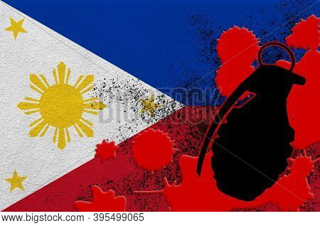 Philippines Flag And Mk2 Frag Grenade In Red Blood. Concept For Terror Attack Or Military Operations