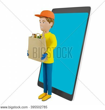 3D Rendering. A Man In Uniform From A Delivery Service With A Box In His Hands.