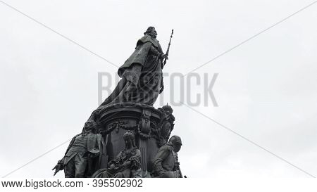 Monument To Catherine Ii On Cloudy Sky Background, Saint Petersburg, Russia. Action. Bottom View Of 