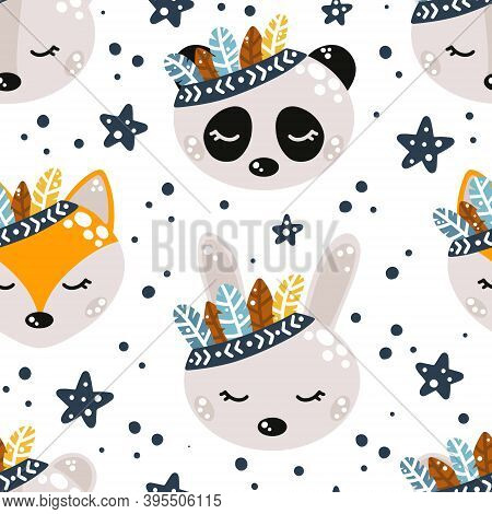 Cute Nursery Seamless Pattern With Boho Style Animals Hand Drawn In Scandinavian Style Isolated On W
