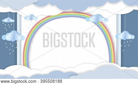 Vector Illustration For Baby Boy Shower Card With Rainbow, Raining And Clouds Hanging On Blue Backgr