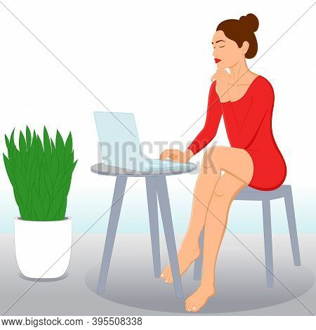 Relaxed Young Woman Working On Laptop At Home. Remote Work, Freelance At Home In Quarantine During C