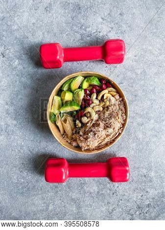 Healthy Protein Fitness Athlete Food With Tuna Fish, Brussel Sprouts, Mexican Beans, Cashew And Whol