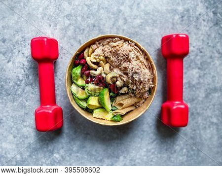 Healthy Protein Fitness Athlete Food With Tuna Fish, Brussel Sprouts, Mexican Beans, Cashew And Whol
