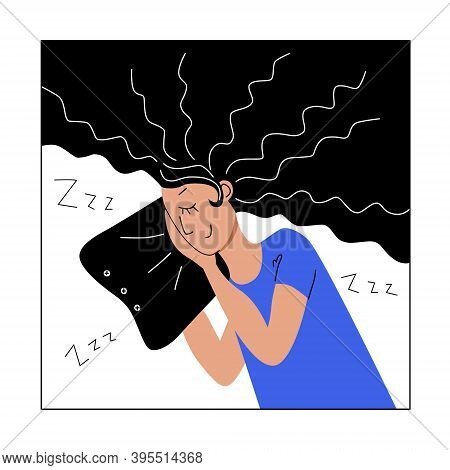 Young Woman With Long Hair Sleeping Dreaming Smiling. Concept Of Harmony Happiness Resting. Flat Mod