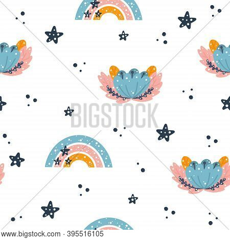 Cute Spring Nursery Seamless Pattern With Boho Rainbow And Floral Elements Hand Drawn In Scandinavia