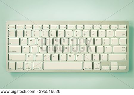 Close Up White Portable Computer Keyboard Keys Or Keyboard Button On Blue Pastel Minimalist Backgrou