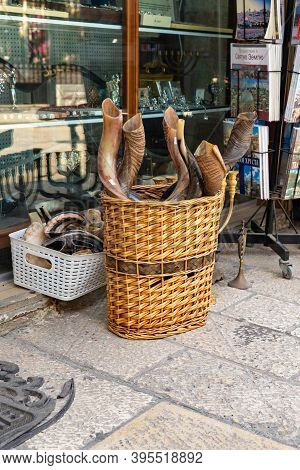 Jerusalem, Israel, November 14, 2020 : Souvenir Trumpet Horns For Sale In A Souvenir Shop On The In 