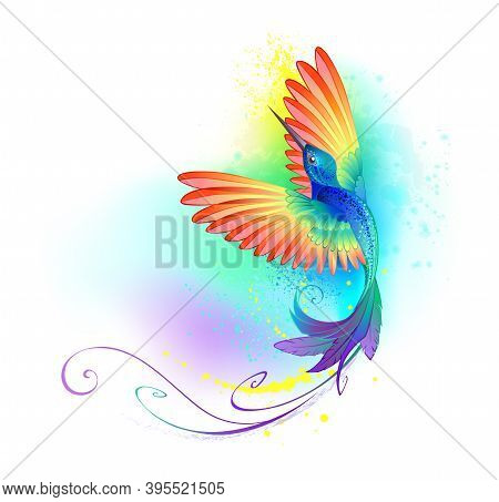 Bright, Iridescent, Splendid, Rainbow, Flying Hummingbird On White Background Painted Over With Mult