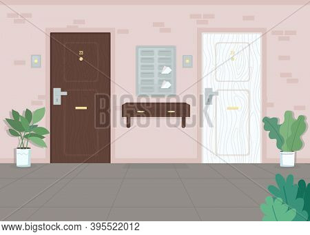 Neighbor Apartment Doors Flat Color Vector Illustration. City Home. Postal Boxes. Mail In Postbox. L