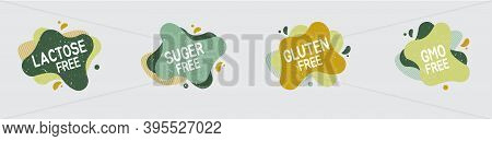 Set Of Allergen Free Badges. Lactose, Gluten, Sugar And Gmo Free. Vector Signs Of Allergen Contant F