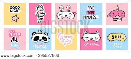 Sleep Masks And Quotes. Cute Eyemasks. Cards, Baby Room Posters, Pajama Party. Kawaii Illustration.