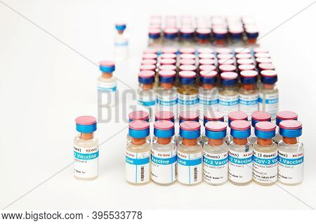 Bottles Of New Sars-cov-2 Vaccine On Table Ready For Application