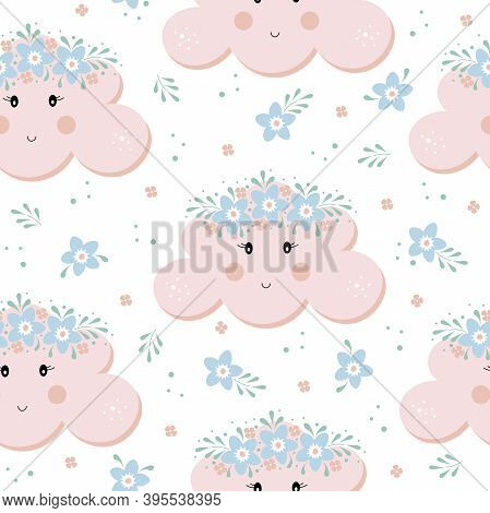 Baby Pink Cloud Seamless Pattern. Children Vector Illustration. Digital Paper For Kids. Floral Theme